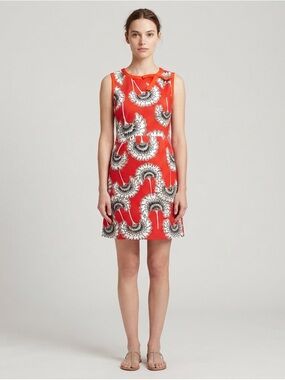 Lanvin Paris Red Silk Blend Floral Print Shift Dress Bow Neck Sz 4 Pre-Owned